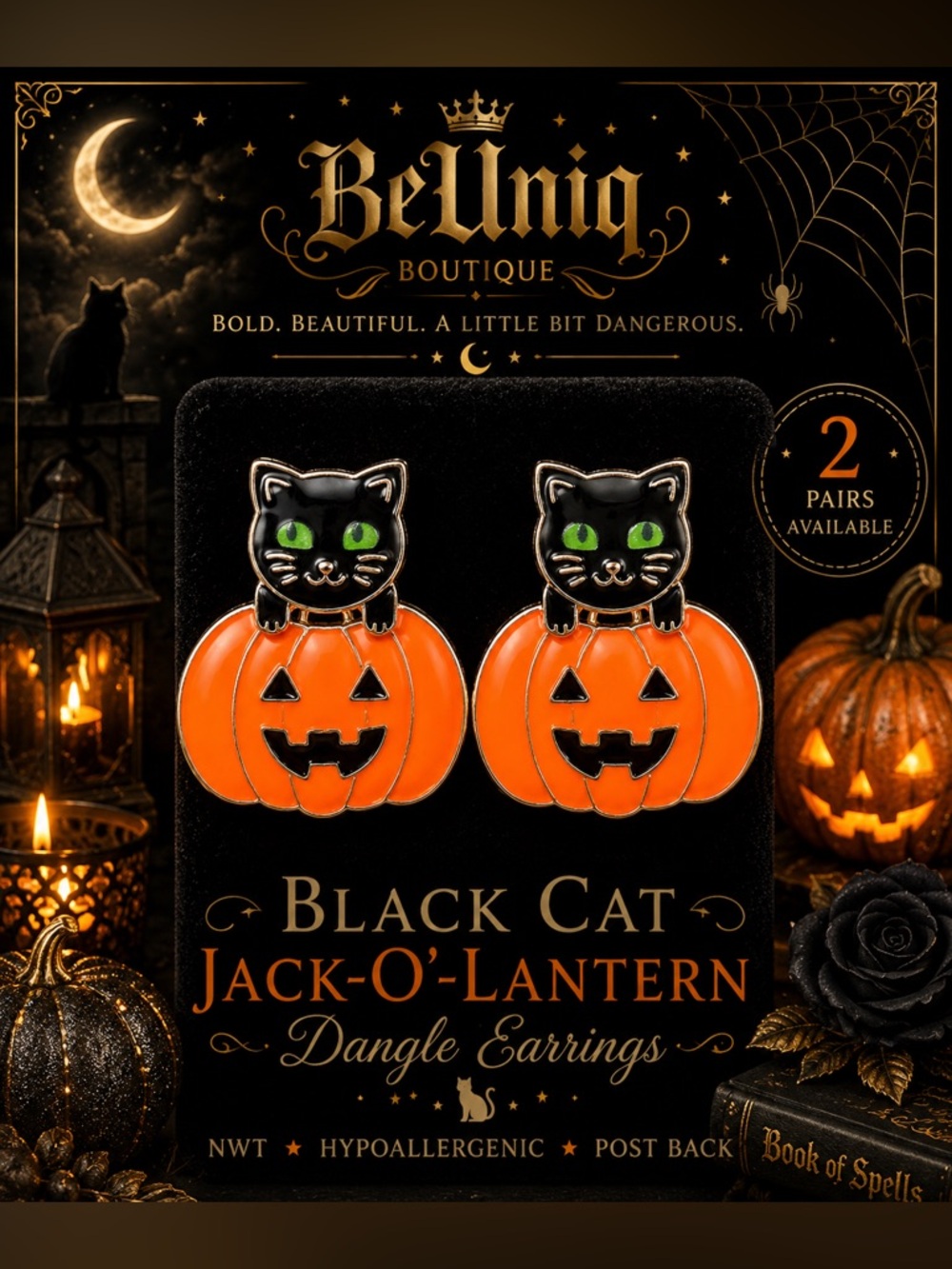 🐈⬛ NWT Black Cat Jack-O’-Lantern Dangle Earrings | Halloween Pumpkin
